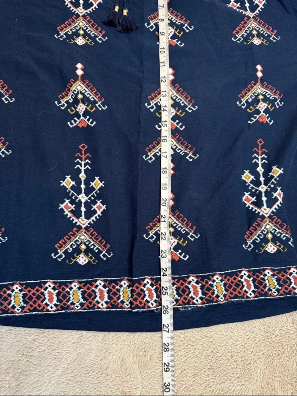 Madewell Marta Folkstitch Popover Top Navy Tassels Boho 3/4 Sleeve est sz L - Picture 7 of 8